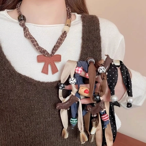Handmade Fabric Print Wooden Bead Heart Pendant Necklace For Women Vintage Polka Dot Plaid Choker Fashion Jewelry Gift