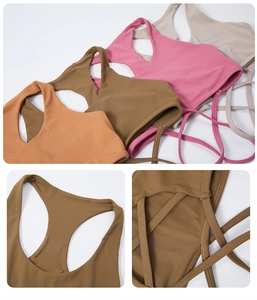Detailed close-up of racerback sports bra with multiple crisscross straps and seamless finish