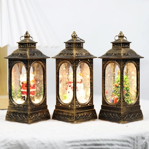 Vintage Christmas lantern set with Santa and snowman scenes for festive table decor