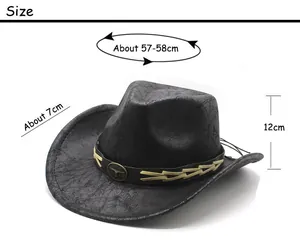 Guide des tailles détaillé pour chapeau de cowboy noir en similicuir avec boucle en métal
