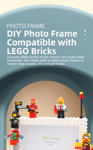 Close-up of DIY building block photo frame compatible with 4x6 inch pictures