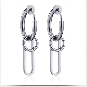 Polished silver stainless steel drop earrings with circular hoop and U-shaped links