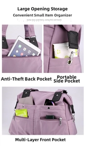 Detail view of purple nylon tote with anti-theft back pocket and multi-layer storage compartments