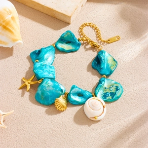 Bohemian gold chain bracelet with turquoise beads and tropical seashell starfish charms