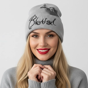 Chic grey knit beanie with black Blessed script embroidery for trendy winter style