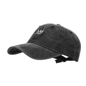 Vintage washed charcoal baseball cap with white crown embroidery and adjustable strap