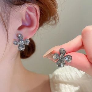 Vintage silver flower stud earrings with grey artificial crystal and diamond accents