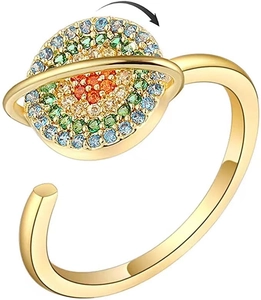Rotating Planet Saturn Ring Multicolor Zircon Adjustable Open Fidget Band Stress Relief Jewelry