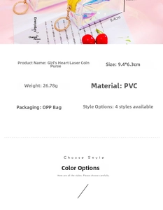 Detailed size and material specs for the 9.4x6.3cm iridescent PVC coin purse