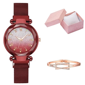 Orologio donna bordeaux con cinturino magnetico, bracciale oro rosa e set regalo