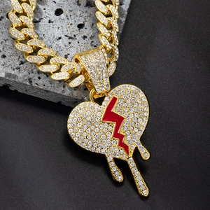 Hip hop style gold Cuban chain necklace with iced out broken bleeding heart pendant