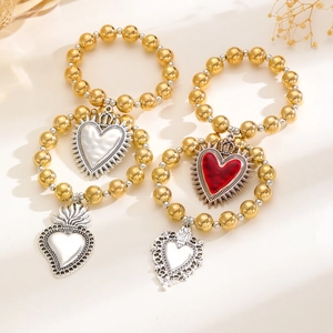 Gothic Sacred Heart Armband-Set mit Goldperlen und Vintage-Religionsanhängern
