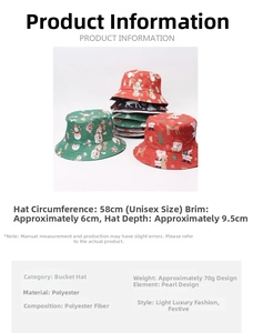 Detailed dimensions of Christmas festive bucket hat with 58cm circumference and festive patterns