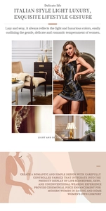 Close-up of black satin slip dress featuring elegant gold leaf patterns and V-neck detail