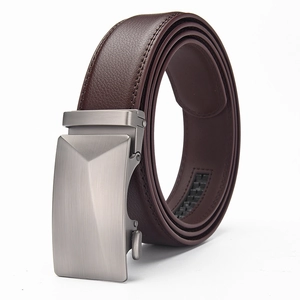 Men's dark brown leather belt with silver brushed automatic buckle and sleek finish