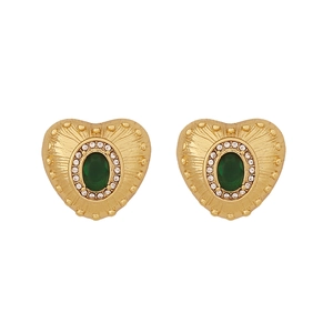 French vintage gold heart earrings with green oval gemstone and zircon accents