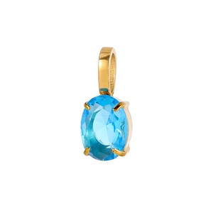 Macro view of gold stainless steel pendant featuring a blue faceted teardrop gemstone