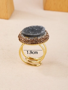 Adjustable golden bohemian ring featuring natural druzy agate and sparkling rhinestones