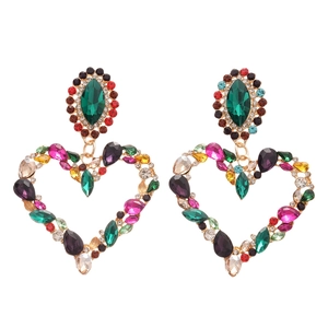 Bohemian gold heart drop earrings with colorful multi-gemstone clusters on white background