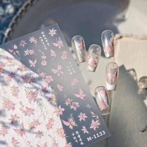 Holographic lily and butterfly nail stickers with glitter finish and elegant script