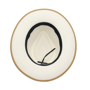 Detail view of the fedora interior showing the black sweatband and beige bound edge