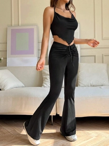 Schwarzes Halter Top Und High Waist Flare Pants Für Damen Polyester Elastan Unregelmäßiger Saum Kordelzug Casual Outfit