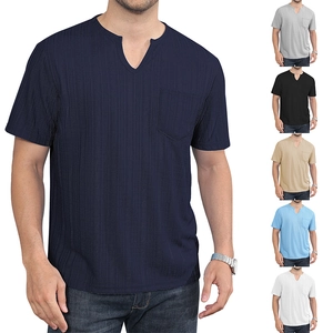 Men's T-Shirt Short Sleeve V-Neck Chest Pocket Jacquard Textured Breathable Loose Fit Casual Tops