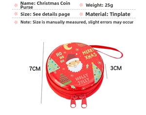 Detail view of round red Christmas tinplate coin purse with Santa print and lanyard