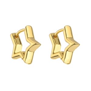 Detailed view of polished gold star-shaped hoop earrings with mirror finish