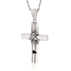 Retro stainless steel cross pendant necklace with rope chain on white background