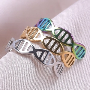 Polished DNA double helix rings in silver gold and iridescent colors for men and women