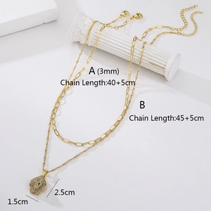 Gold-plated double layer necklace with leopard pendant and sparkling zircon accents