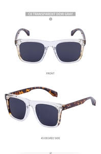 Detail of square sunglasses with transparent grey frame and tortoiseshell temples