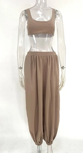 Brown crop top and high waist elastic joggers set shown on invisible mannequin
