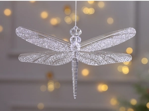 Sparkling transparent acrylic dragonfly ornament with silver hanging string for holiday decor