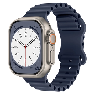 Close-up of dark blue wavy ocean silicone strap on a metal smartwatch case