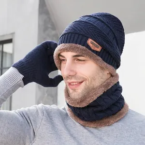 Winter fleece-lined knit set including beanie hat, neck warmer, and gloves in dark blue