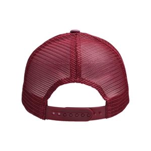 Vista detallada de la parte trasera de una gorra trucker granate con malla y snapback