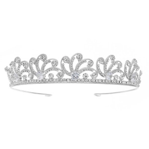 Close-up of silver metal headband with elegant wavy flower patterns and sparkling rhinestones