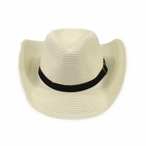 Creamy white western straw cowboy hat with black decorative buckle band on white background