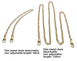 Detail showing removable 38cm and 120cm gold metal chains for woven evening clutch bags