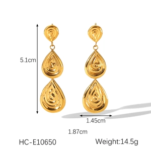 Detail view of 18K gold plated teardrop earrings showing 5.1cm height and 14.5g weight