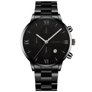 Montre business pour hommes avec bracelet en acier noir, chiffres romains et dateur