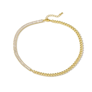 Two-tone necklace featuring rectangular zircon tennis chain and golden Cuban link details