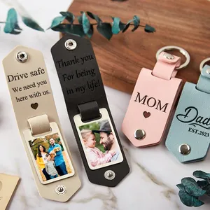 Custom leather photo keychains in four colors with engraved safety messages for gifts