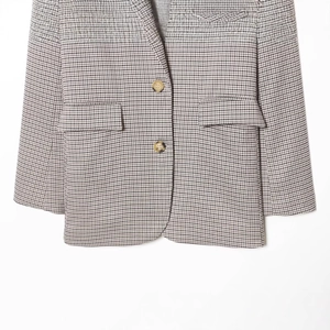Klassischer Blazer mit grau-weißem Hahnentrittmuster, Einreiher-Knöpfen und Pattentaschen