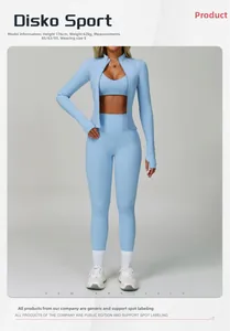 Completo yoga azzurro 3 pezzi con giacca a zip, reggiseno sportivo e leggings a vita alta