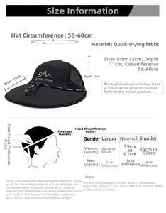 Size chart showing 13cm brim quick-dry baseball cap with detailed head measurements