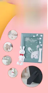 Detailed views of light blue 7-inch cartoon photo frame with 3D rabbit and heart relief