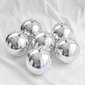 Set of six silver mirror Christmas balls for tree decoration with hanging strings